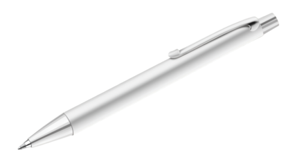 A sleek silver pen lies diagonally against a solid black background, exuding modernity and sophistication.