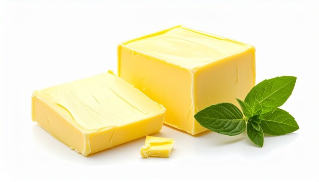 A block of fresh butter with a smaller cut slice and a sprig of green mint. Natural dairy product ingredient for cooking, baking, or breakfast, isolated on a clean white background studio shot.