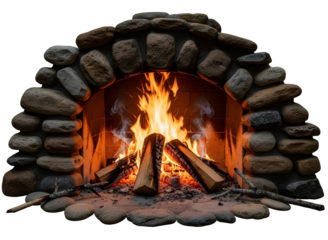 Stone fireplace with burning logs isolated on transparent background