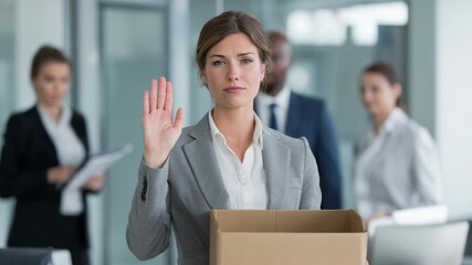 A woman holds a box, with a raised hand gesture, dismissal and reduction