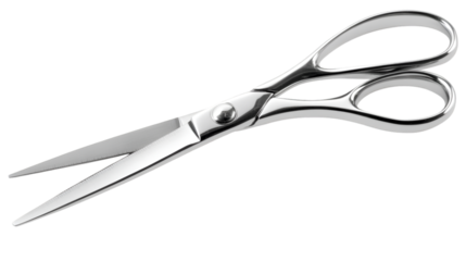 A pair of shiny silver scissors on a black background