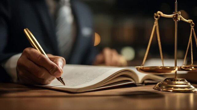 Lawyer writing in book with scales of justice legal, 4k video