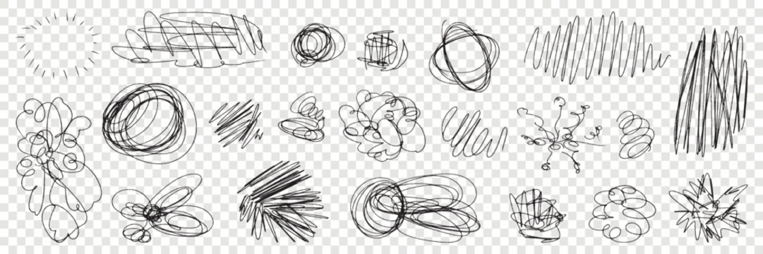 Pen scratch texture with pencil scribble and messy sketch stroke circles.