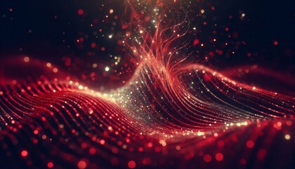 Waves of red light flow through space with sparkles and bright points during a digital art presentation