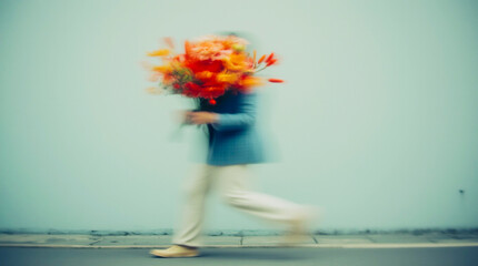 A stylish, blurred figure in a blue jacket and light trousers carries a vibrant orange and red floral bouquet past an urban wall. This dynamic street snapshot captures a fast-paced, anonymous moment