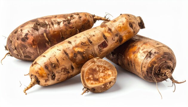 Group of fresh yacon roots, whole and sliced, showcasing the raw tuber and its internal texture. Healthy peruvian ground apple isolated on a clean, bright white background for studio shot.