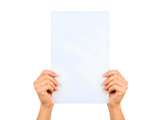 Hands holding blank paper isolated on transparent background