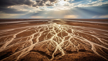 Sunbeams illuminate intricate dry river patterns across a vast arid landscape from an aerial perspective