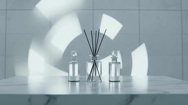 Reed diffuser with glass oil bottles in modern minimalist interior creating calm atmosphere