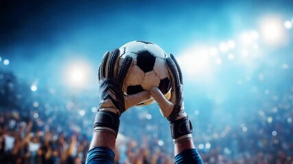 A soccer goalie's dramatic save in a packed stadium with a soccer ball