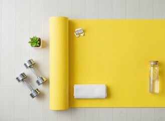 Fitness equipment including dumbbells, a water bottle with lemon, and a towel placed beside a yellow yoga mat, perfect for workouts, exercise routines, and healthy living.
