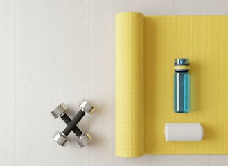 Fitness equipment including dumbbells, a water bottle with lemon, and a towel placed beside a yellow yoga mat, perfect for workouts, exercise routines, and healthy living.
