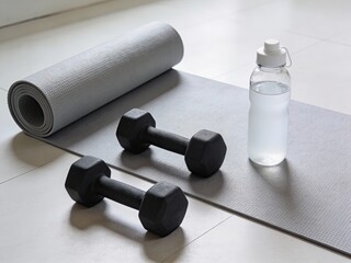 Home workout essentials: yoga mats, dumbbells, and water bottles for fitness training, gym equipment, exercise, wellness, and healthy lifestyle.