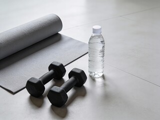 Home workout essentials: yoga mats, dumbbells, and water bottles for fitness training, gym equipment, exercise, wellness, and healthy lifestyle.