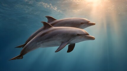 Fototapeta premium Two graceful dolphins swim together underwater in the serene ocean illuminated by soft sunlight rays filtering from above