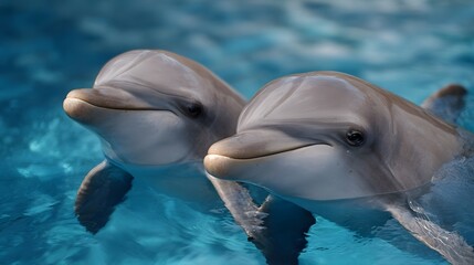 Fototapeta premium Two smiling dolphins swim close together in clear blue water
