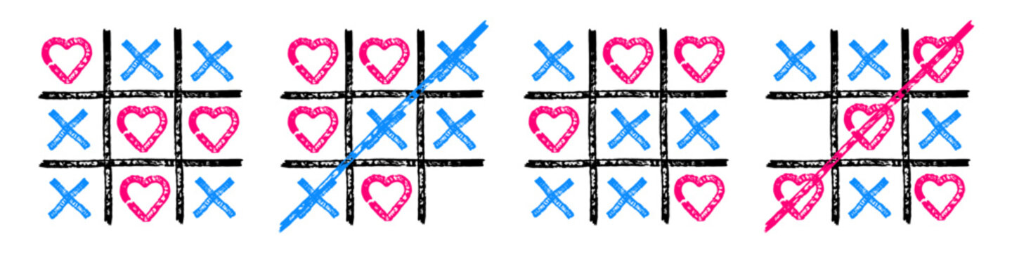 Colorful hand drawn tic tac toe set with hearts. Marker doodle illustration with rough textured strokes and playful clean sketch style. Romantic XO game elements isolated.