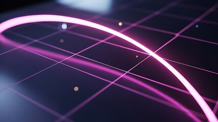 Abstract glowing pink curve light trails over a dark grid background with bokeh effect