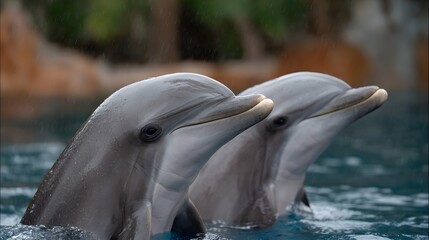 Fototapeta premium Two dolphins swim together in the water on a rainy day their expressions serene