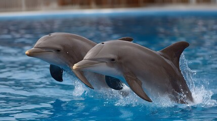 Obraz premium Two dolphins joyfully leap from the blue water creating dynamic splashes