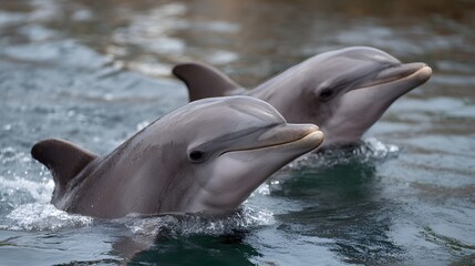 Naklejka premium Two playful dolphins swim together in the clear blue ocean water their sleek bodies breaking the surface