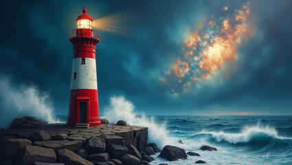 Obraz premium Surreal Fantasy Landscape of a Lighthouse with Milky Way and Celestial Portal