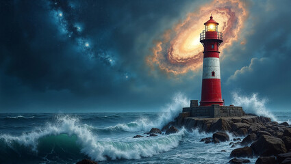 Obraz premium Majestic Lighthouse Beacon Guiding Through Rough Seas Under Dramatic Night Stars