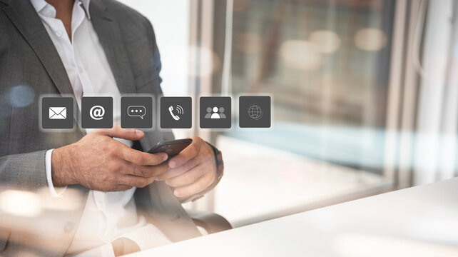 Professional Business Communication Concept, Businessman Using Smartphone with Omnichannel Contact Icons.