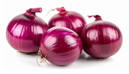 Four fresh whole red onions with vibrant, shiny purple skin and roots, a staple vegetable ingredient for healthy cooking and delicious salads, isolated on a clean white background studio shot.