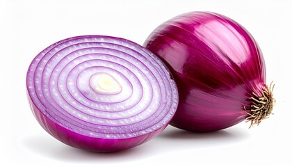 Fresh raw whole red onion and a sliced half showing its vibrant purple rings. Close-up macro shot of a nutritious vegetable ingredient for cooking, isolated on a clean white studio background.