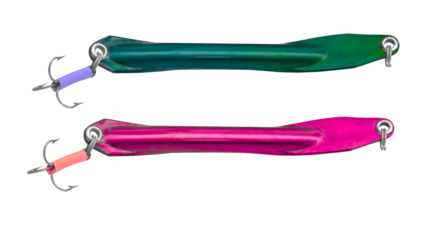 Fishing lures in green and pink on transparent background