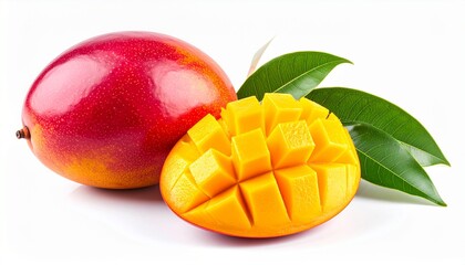 Fototapeta premium A whole ripe mango next to a half mango, beautifully diced into cubes, with fresh green leaves. This tropical fruit composition is isolated on a clean white background, perfect for food concepts.