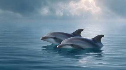 Fototapeta premium Two dolphins swim serenely in the ocean under a dramatic cloud filled sky