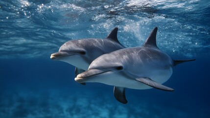 Fototapeta premium Two sleek and graceful dolphins swim together in the clear deep blue ocean water illuminated by shafts of sunlight filtering from the surface
