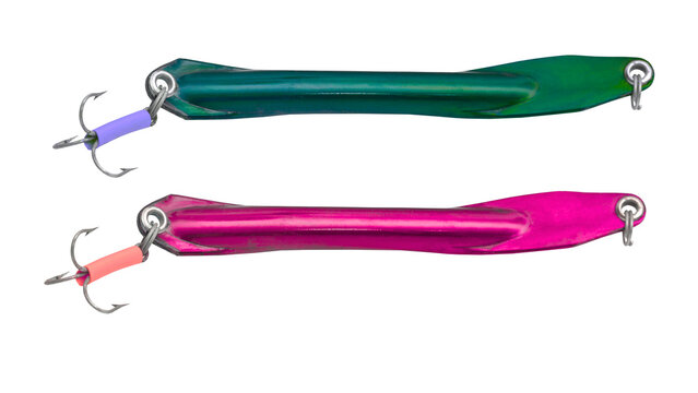 Fishing lures in green and pink on transparent background