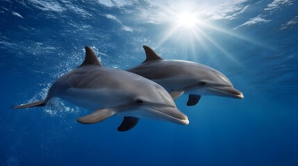 Fototapeta premium Two dolphins swim gracefully underwater in clear blue ocean water illuminated by bright sunbeams