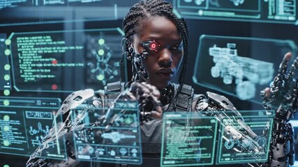 Cyborg woman interacting with futuristic holographic interface with data visualizations - Powered by Adobe