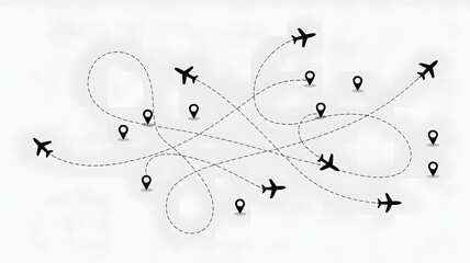 Airplanes flying routes around the world with location pins map