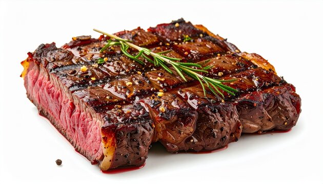 Juicy medium rare grilled beef steak with rosemary and spices. Sliced piece of delicious roasted meat showing pink interior, isolated on a clean white background for easy cutout. Perfect for culinary.