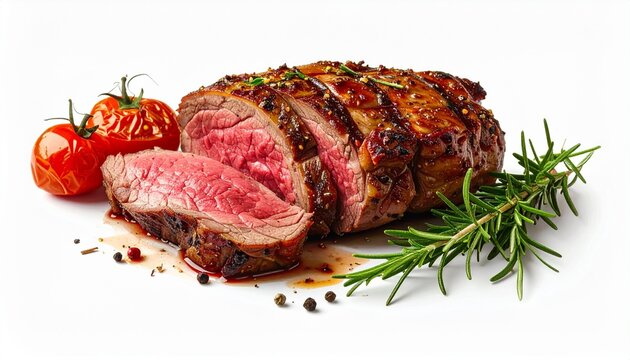 Juicy medium rare sliced roast beef with fresh rosemary, roasted cherry tomatoes, and peppercorns. A delicious gourmet grilled meat dinner dish, perfectly cooked and isolated on a white background.