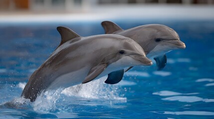 Two playful dolphins leaping energetically from the blue water surface in a synchronized moment