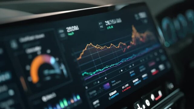 Medium shot of a sleek dashboard interface on a digital wall presenting detailed sales analysis and trend insights through intuitive graphs and metrics.