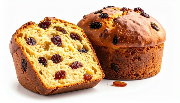 Delicious traditional Italian Panettone, a sweet Christmas bread with raisins. A whole cake and a slice showing the soft texture are isolated on a clean white background for easy editing.