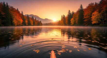 Serene lake at sunrise surrounded by autumn trees and majestic mountains reflecting on calm water