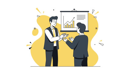 Business meeting illustration: presenting financial growth chart to colleague