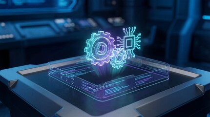 Glowing blue circuit board with futuristic design elements