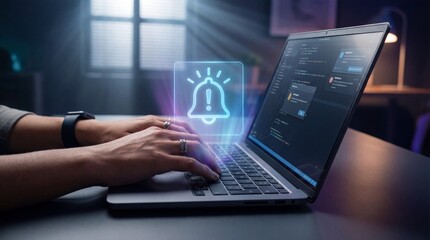 Person interacting with laptop displaying notification icon