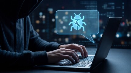 A person typing on a laptop with a bug icon on the screen