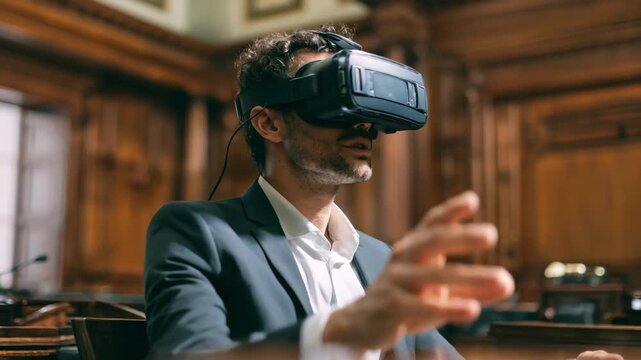 Medium shot of a trainee wearing a VR headset navigating a digital courtroom environment for immersive legal training and trial simulation.