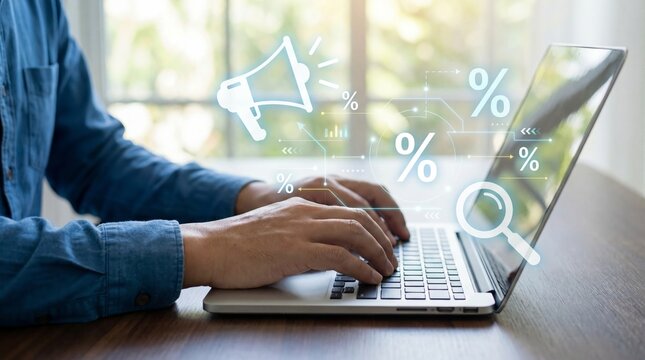 Person working on laptop with financial graphics overlay - Powered by Adobe